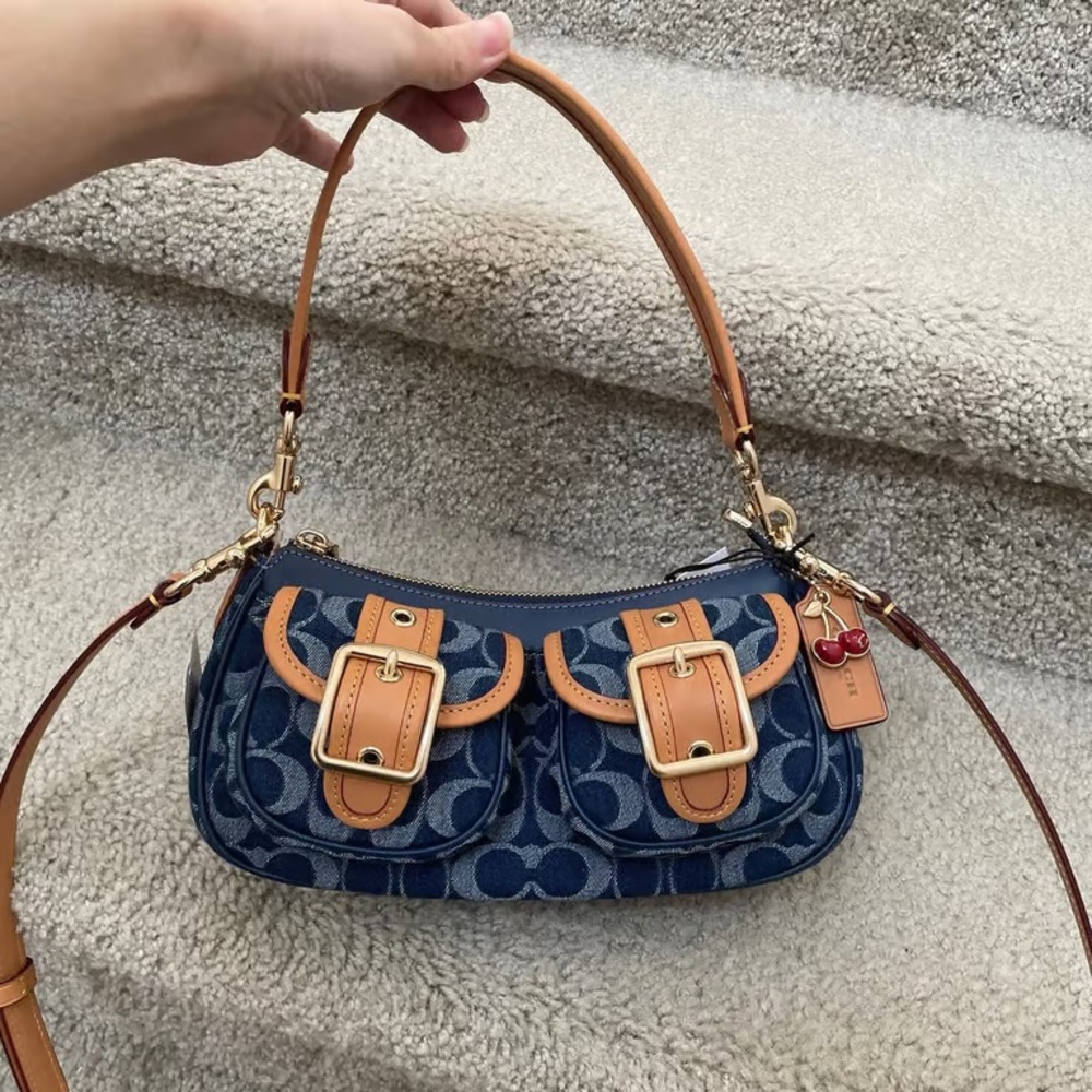 Coach Navy and Tan Buckle Shoulder Bag